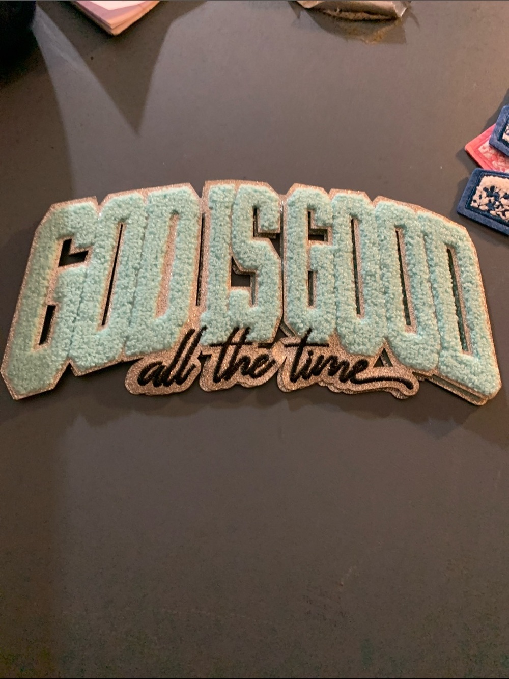 Chenille Iron On Patch Accent in Light Teal with Metallic Trim “God Is Good”